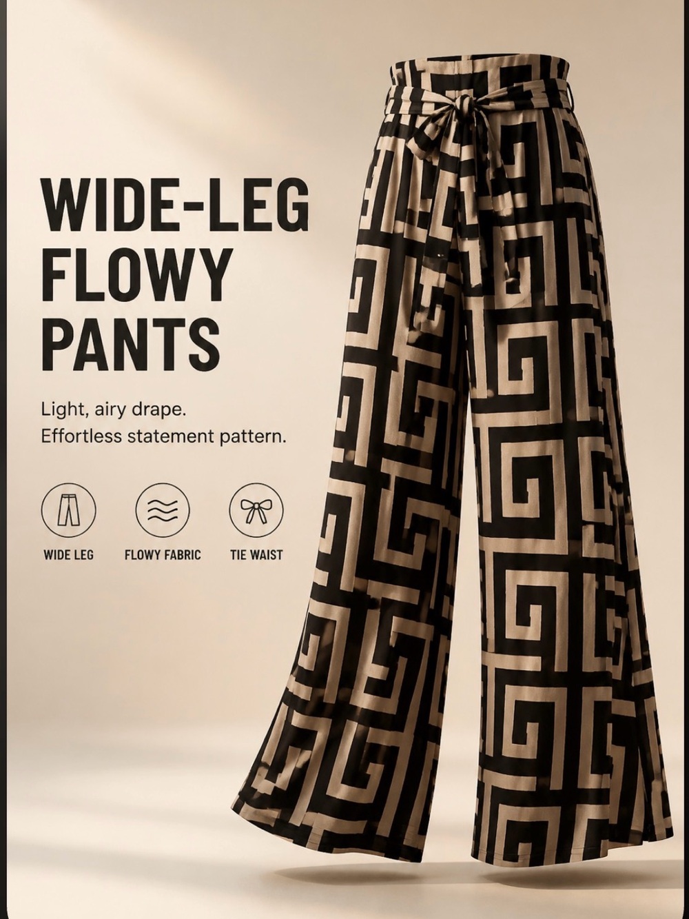 Wide-Leg Flowy Pants with Tie Waist - Black & Beige